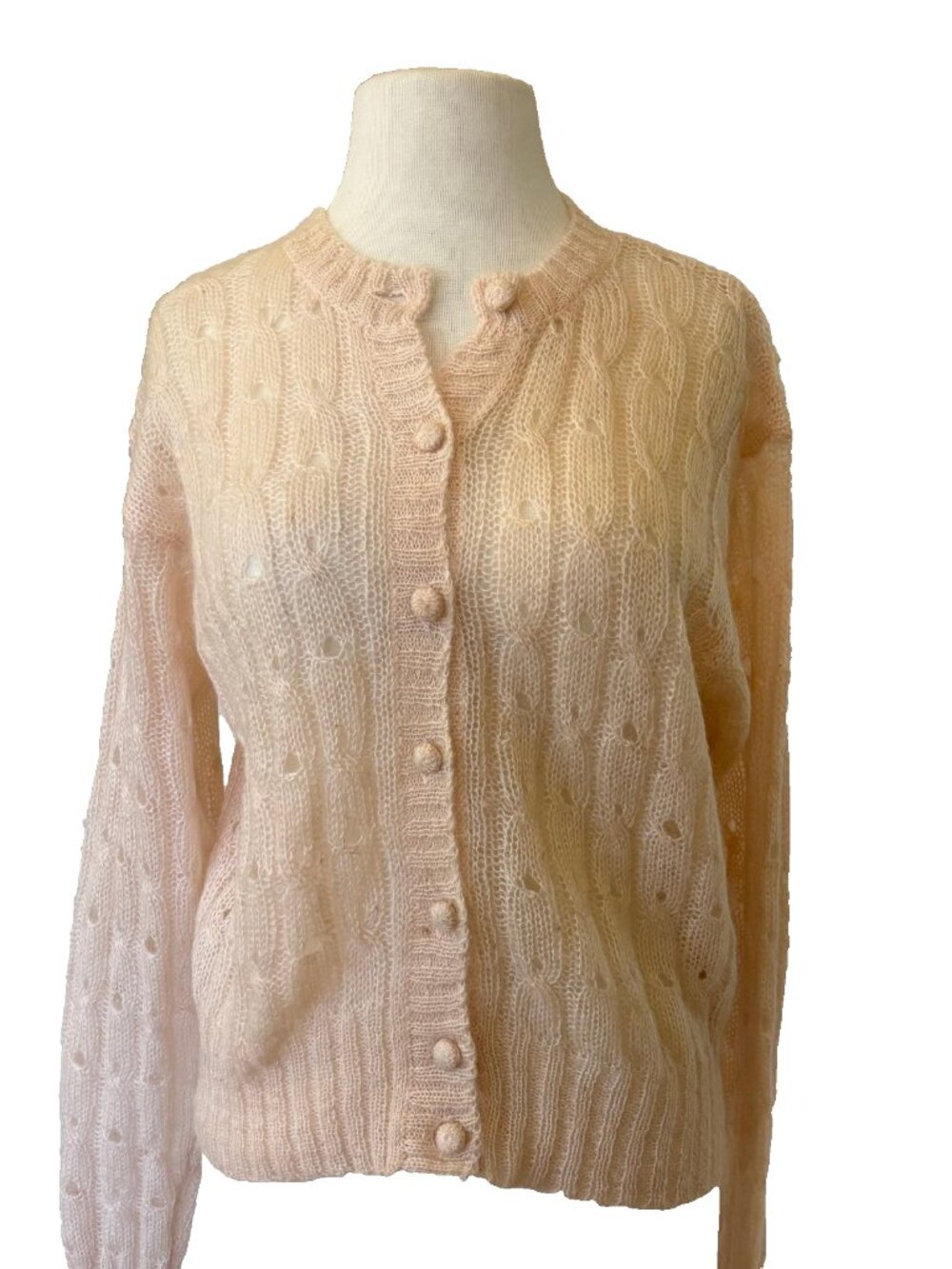 Vintage Valerie Stevens Cable Knit Sheer Light Pink Mohair Cardigan Sweater SZ L